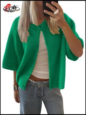 Short Sleeve Cardigan Sweater Crew Neck Button Down Lightweight Knit Y2k